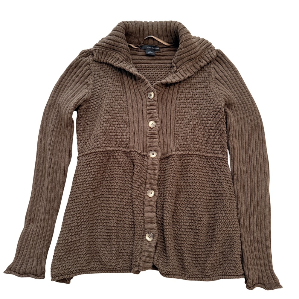Calvin Klein Jeans Cardigan Women Large Brown Mixed Knit‎ Shawl Collar Button Up